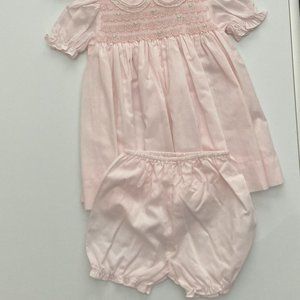 Petit Ami Hand Embroidered 4 piece baby outfit, light pink, size 6 months